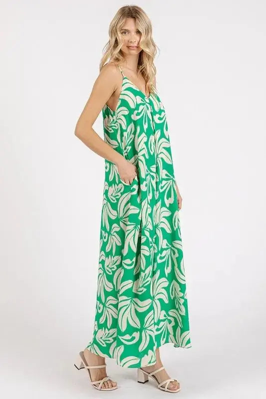 Mittoshop Printed V-Neck Maxi Cami Dress with Pockets Opaque - Love Salve